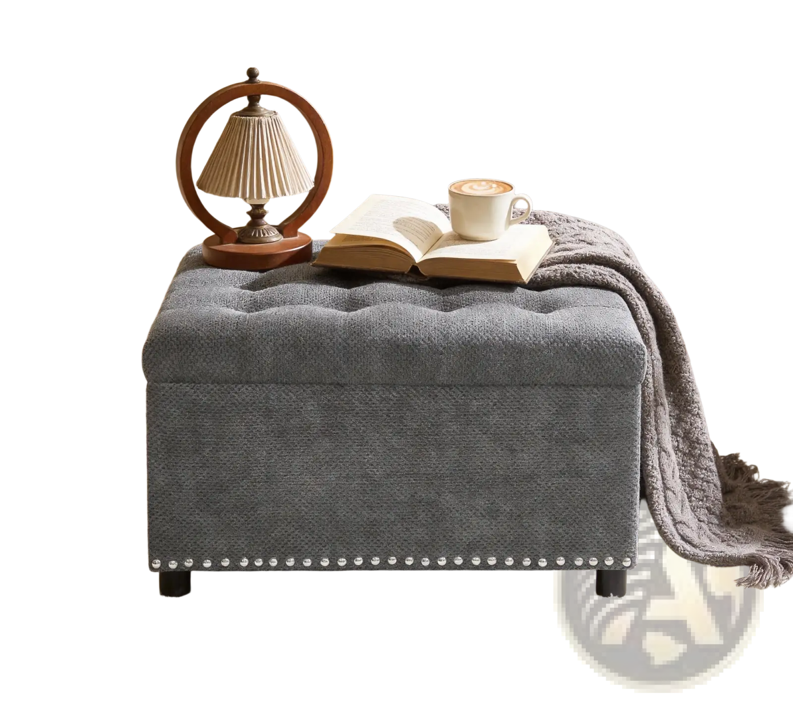 Gray tufted square storage ottoman with nailhead trim ideal for stylish and functional home organization seating