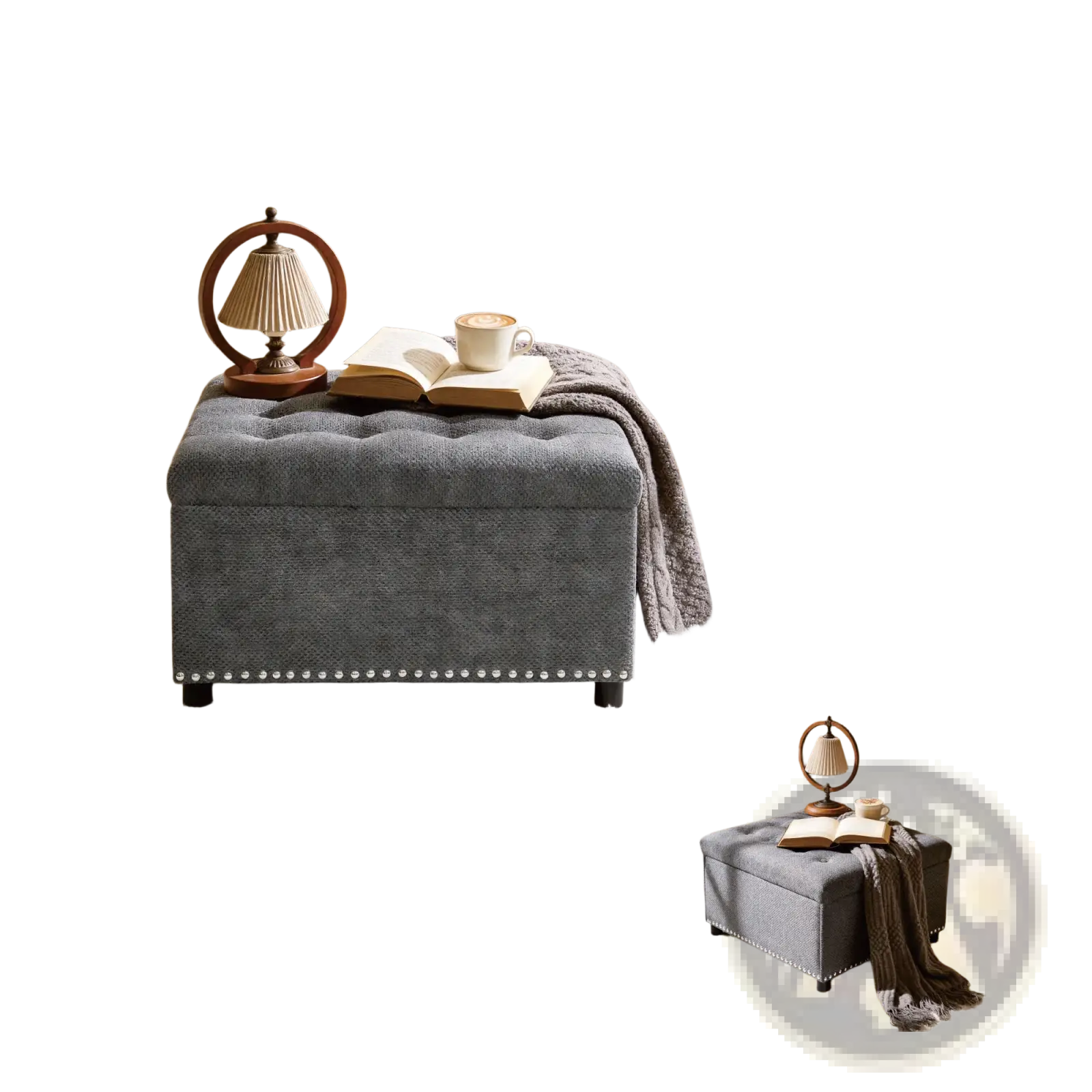 Gray tufted fabric storage ottoman square with decorative nailhead trim for elegant living room seating and storage