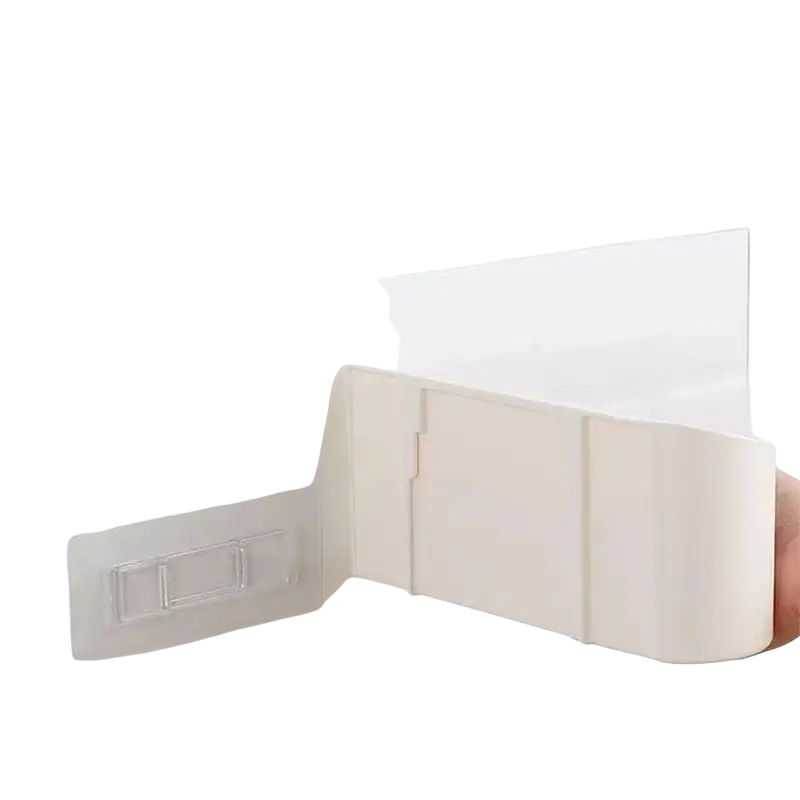 White plastic wall-mounted storage rack with clear adhesive backing for no-drilling sink organizer feature