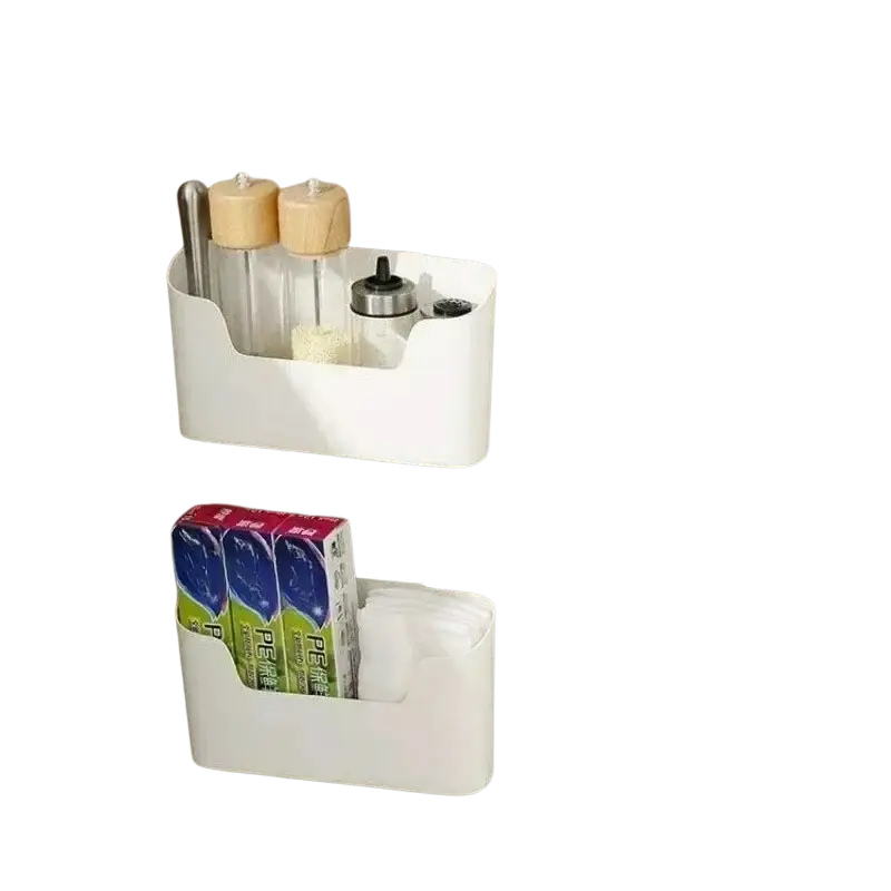 White plastic adhesive wall-mounted storage rack with two tiers organizer feature holding kitchen items