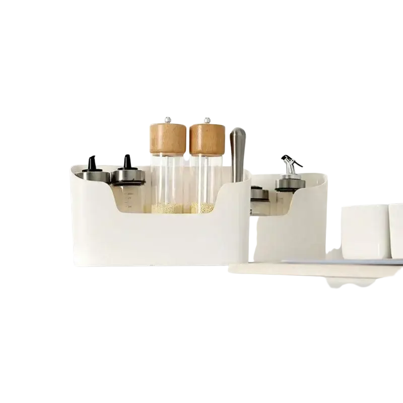 White plastic storage rack with wooden lid glass spice jars featuring adhesive wall mounted sink organizer feature