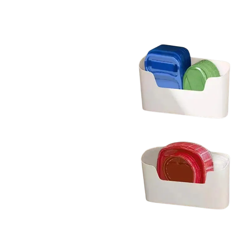 White plastic wall-mounted storage rack holding colorful lids showcasing organizer feature for sink organizer feature