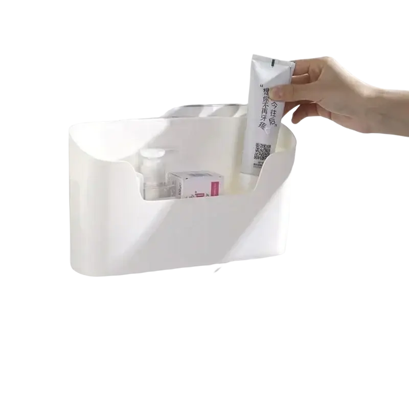 White plastic adhesive wall mounted storage rack with curved shallow compartment organizer feature for bathroom sink