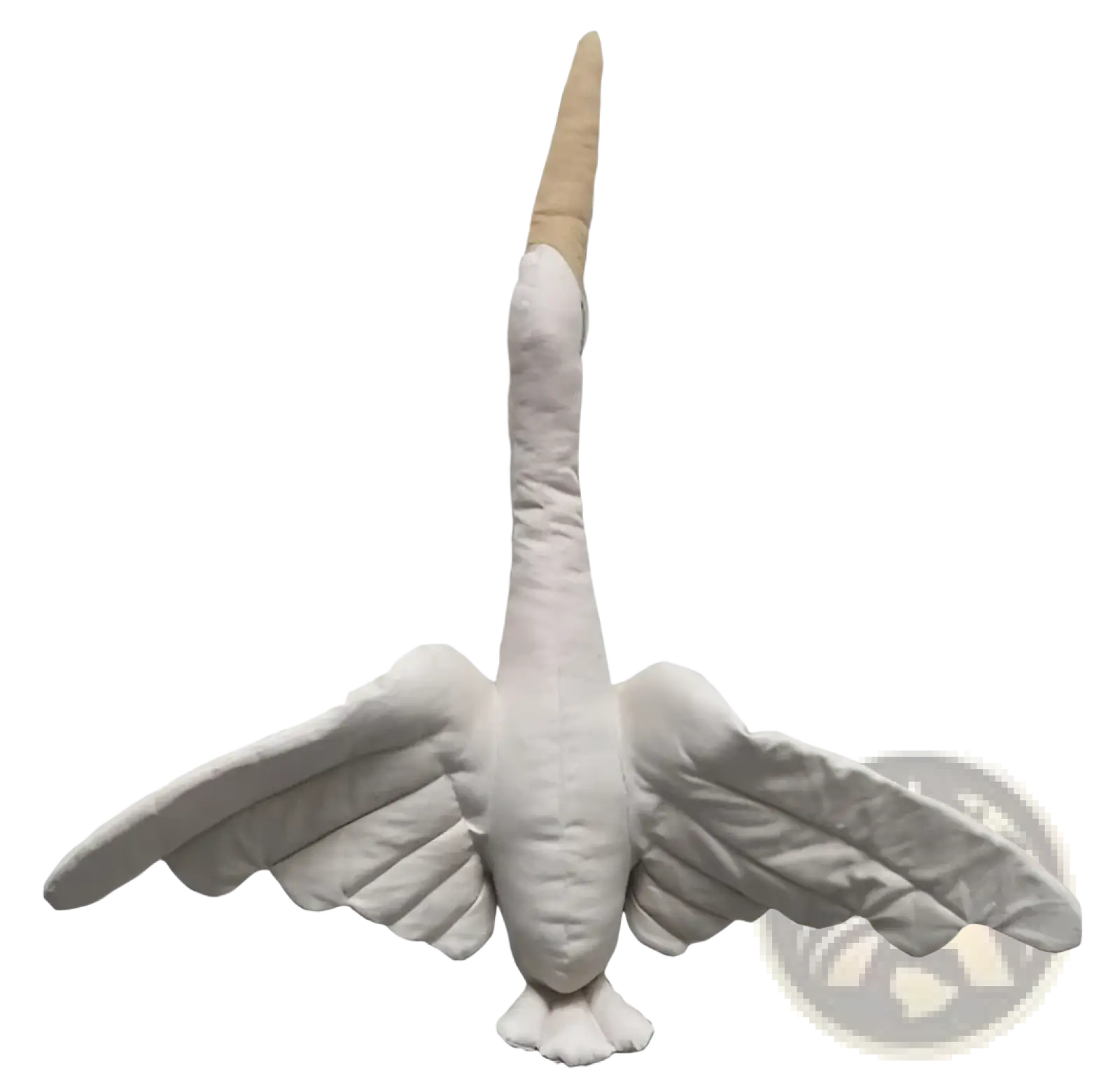 White plush stork plush toy swan with tan beak and long neck wings spread wide soft animal pillow