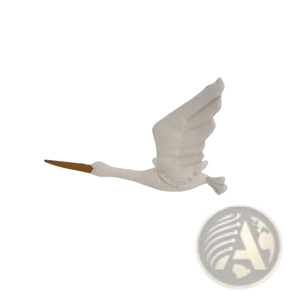 White stork plush toy with brown beak and detailed folded wings designed as a soft animal pillow