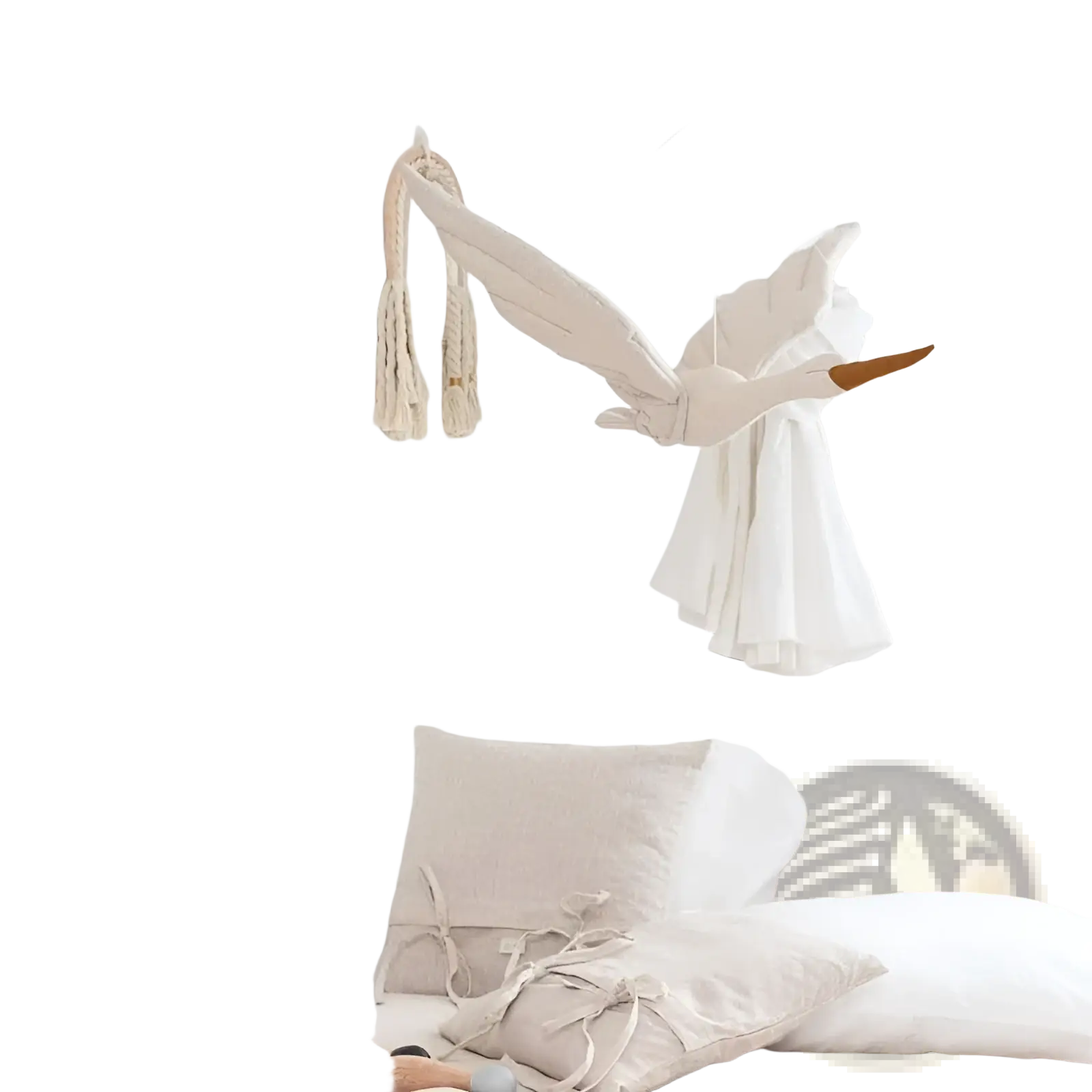 A soft off-white stork plush toy with wooden beak made of fabric, ideal as a swan animal pillow decor