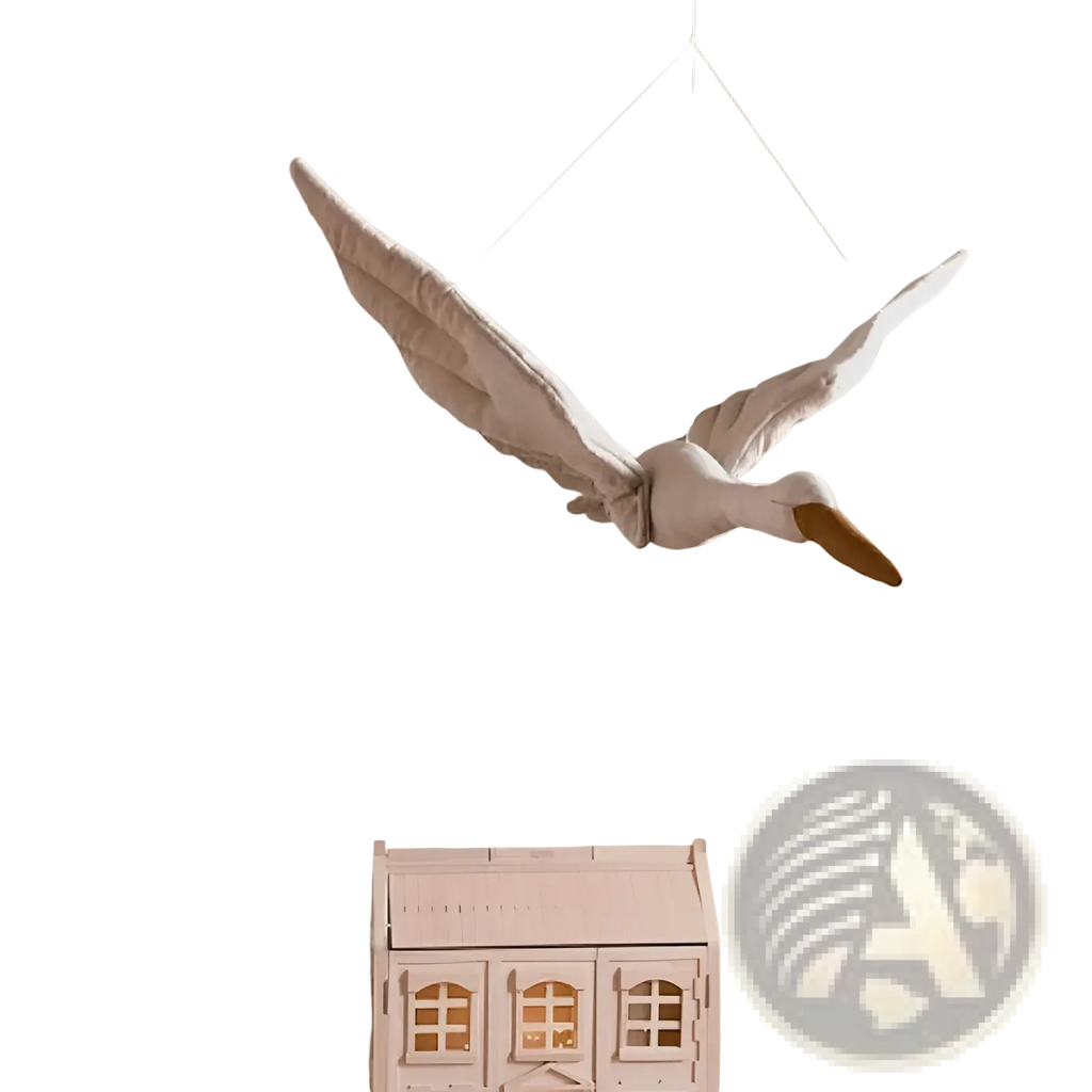 Stork plush toy white swan animal pillow in soft off-white plush with contrasting brown beak and webbed feet hanging from strings