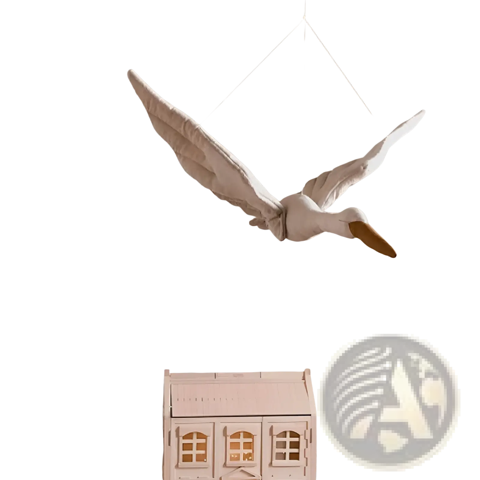 Stork plush toy white swan animal pillow in soft off-white plush with contrasting brown beak and webbed feet hanging from strings