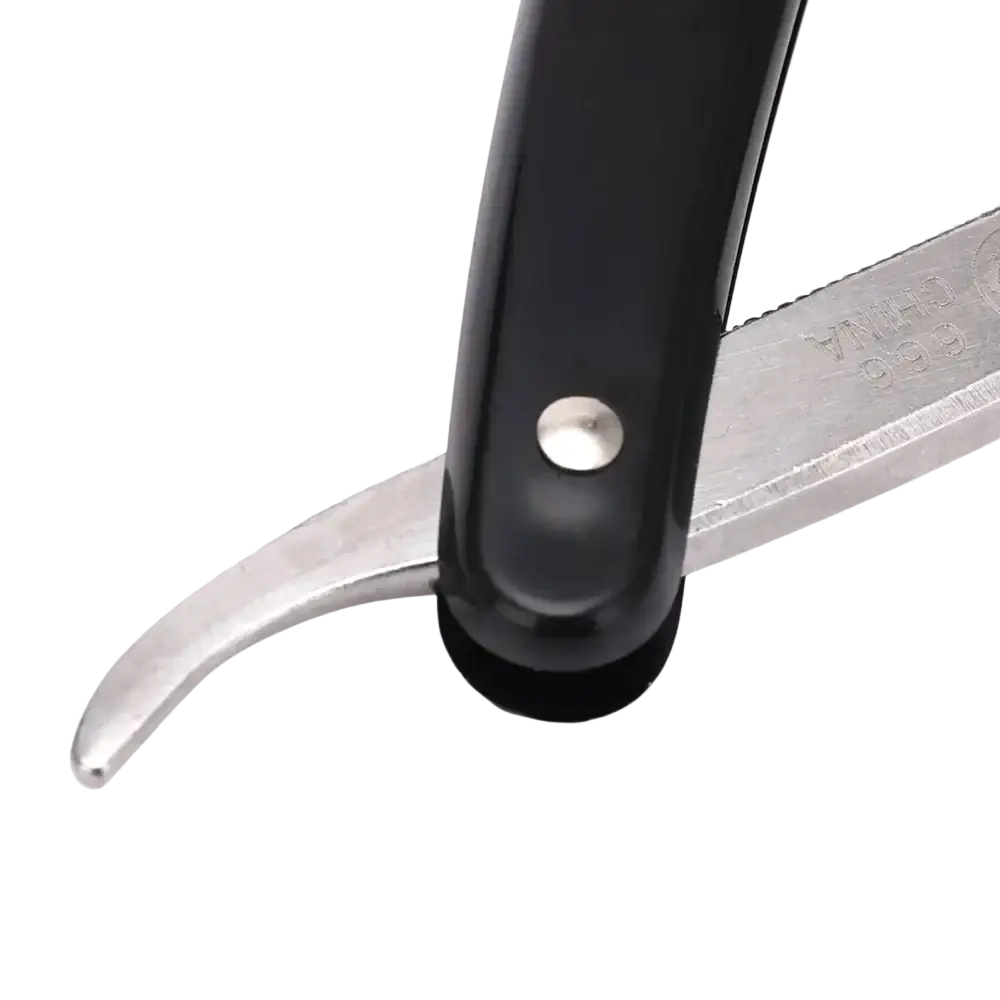 Black-handled straight edge barber razor with polished stainless steel blade engraved china 996 for metal shaving tool use