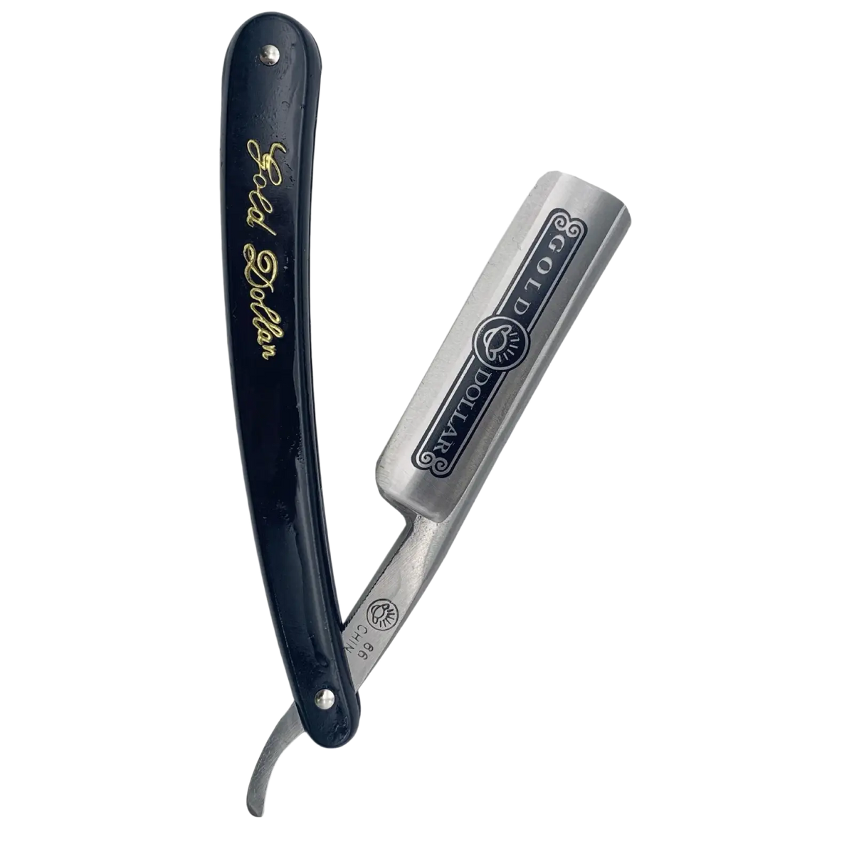 Black-handled gold dollar straight edge barber razor with silver blade gold lettering and engraved logo metal shaving tool