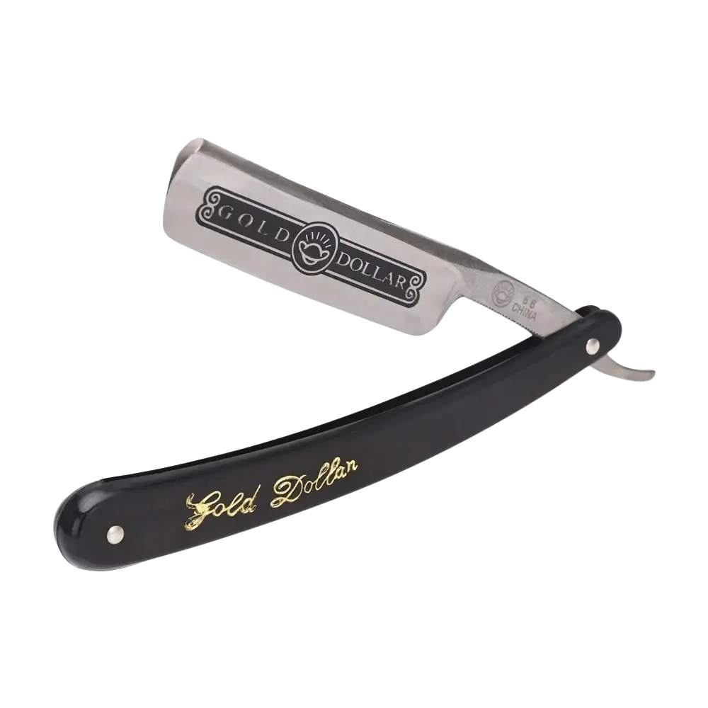 Black-handled gold dollar straight razor with polished stainless steel blade, gold lettering, and ornate logo for shaving