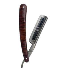 Straight edge barber razor with silver engraved blade and dark wood handle metal shaving tool for precision grooming