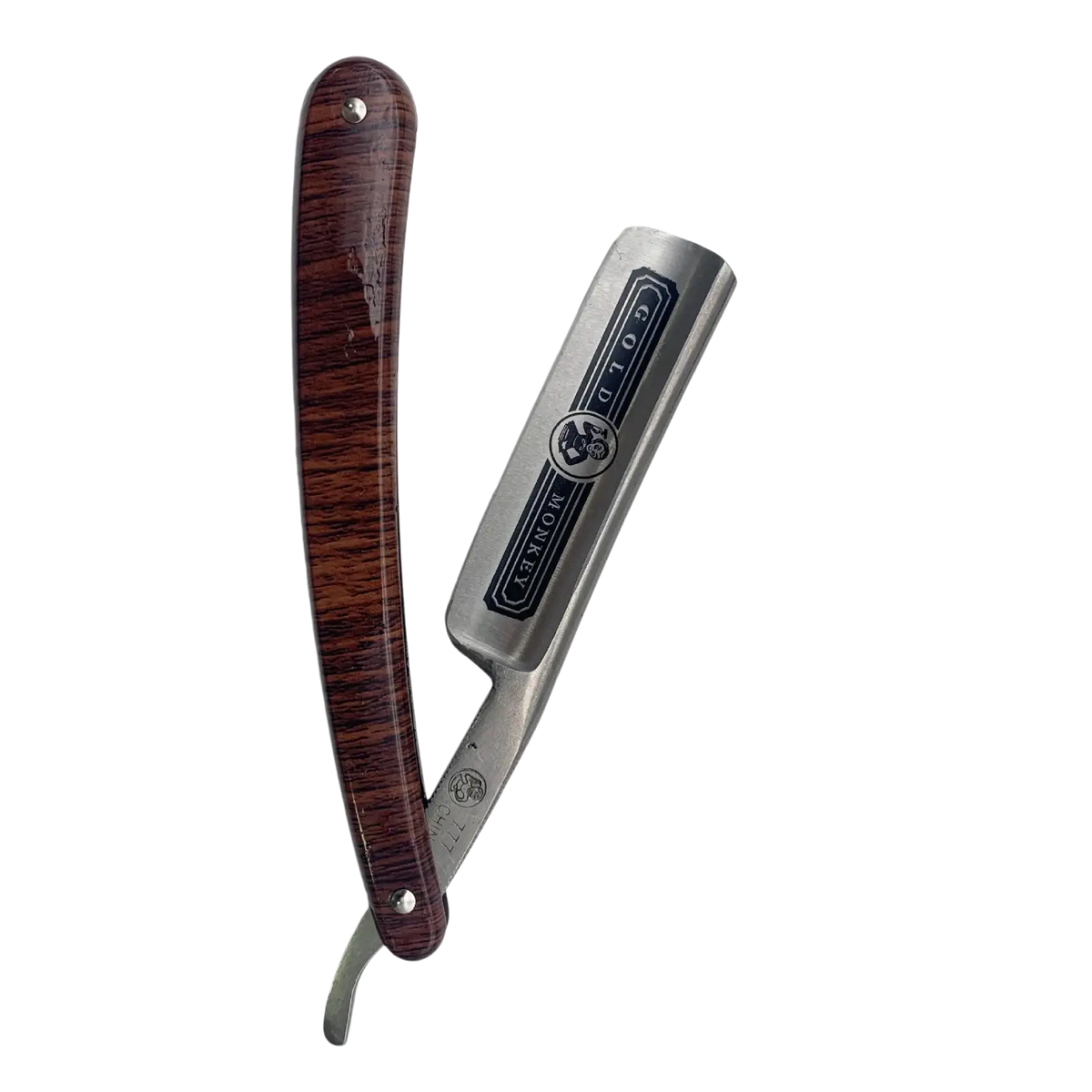 Straight edge barber razor with silver engraved blade and dark wood handle metal shaving tool for precision grooming