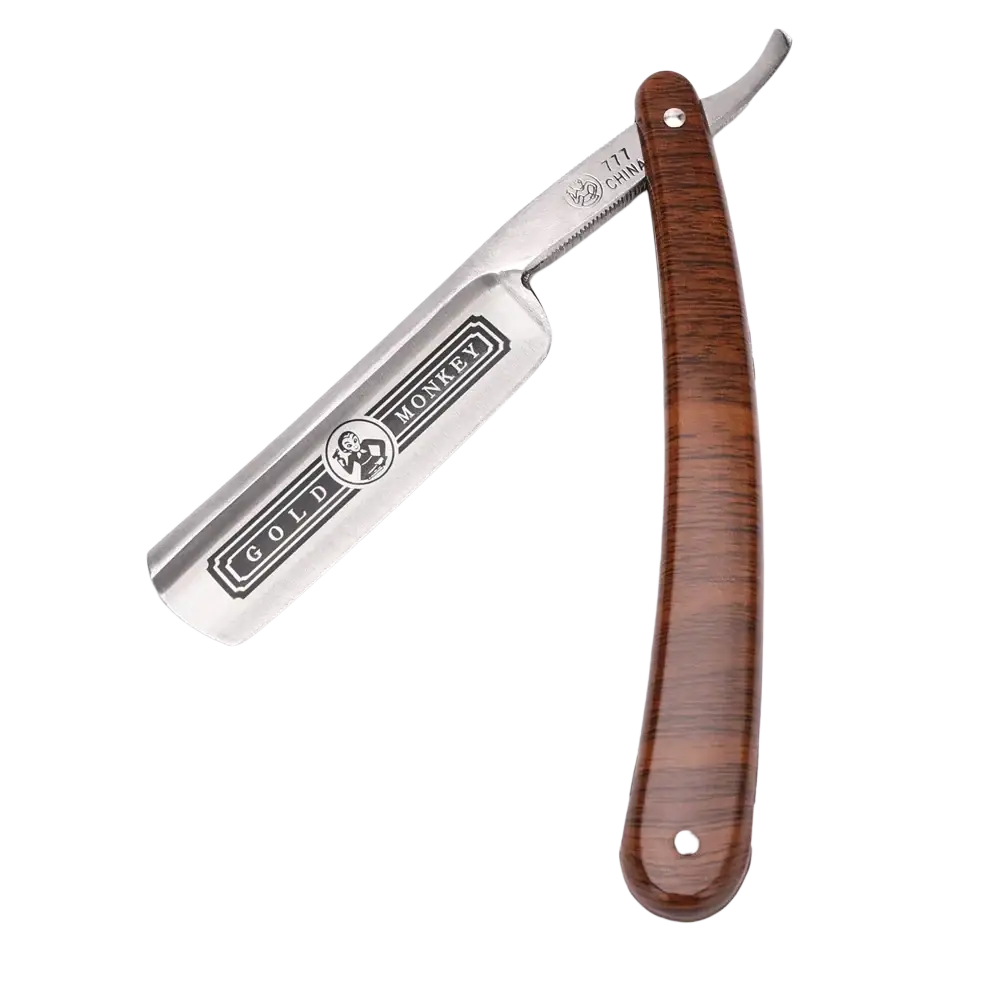A classic gold monkey straight edge barber razor with polished stainless steel blade and dark brown wooden handle