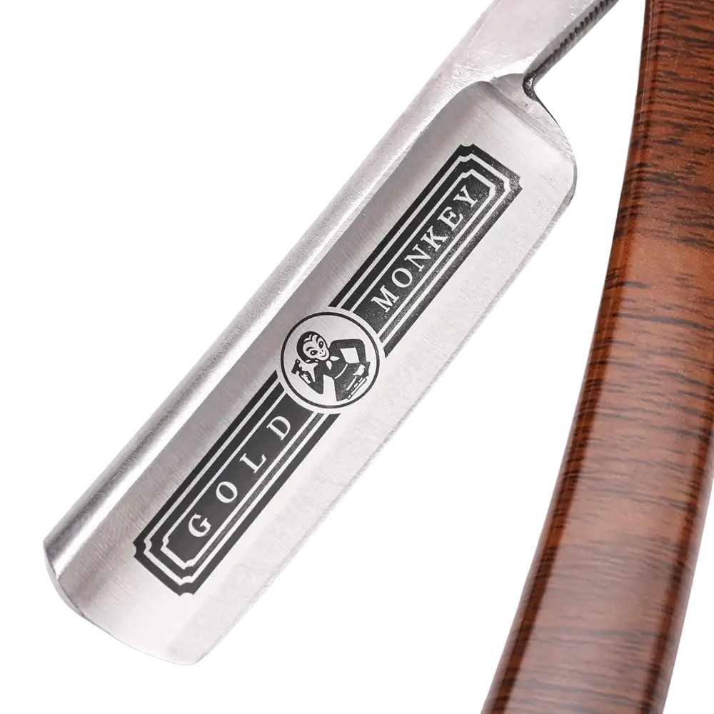Silver-bladed gold monkey straight edge barber razor with polished wooden handle metal shaving tool