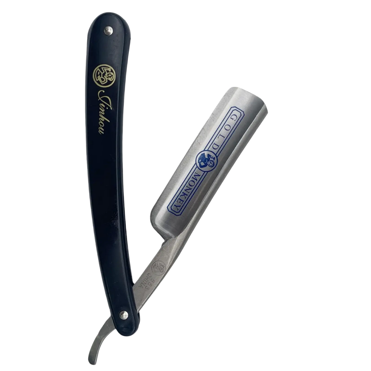 A sleek black-handled straight edge barber razor with a polished silver blade engraved with gold monkey branding