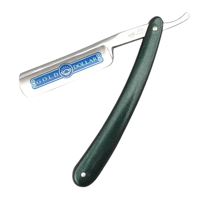 A sleek dark green handled gold straight edge barber razor with a polished silver blade and ornate blue logo