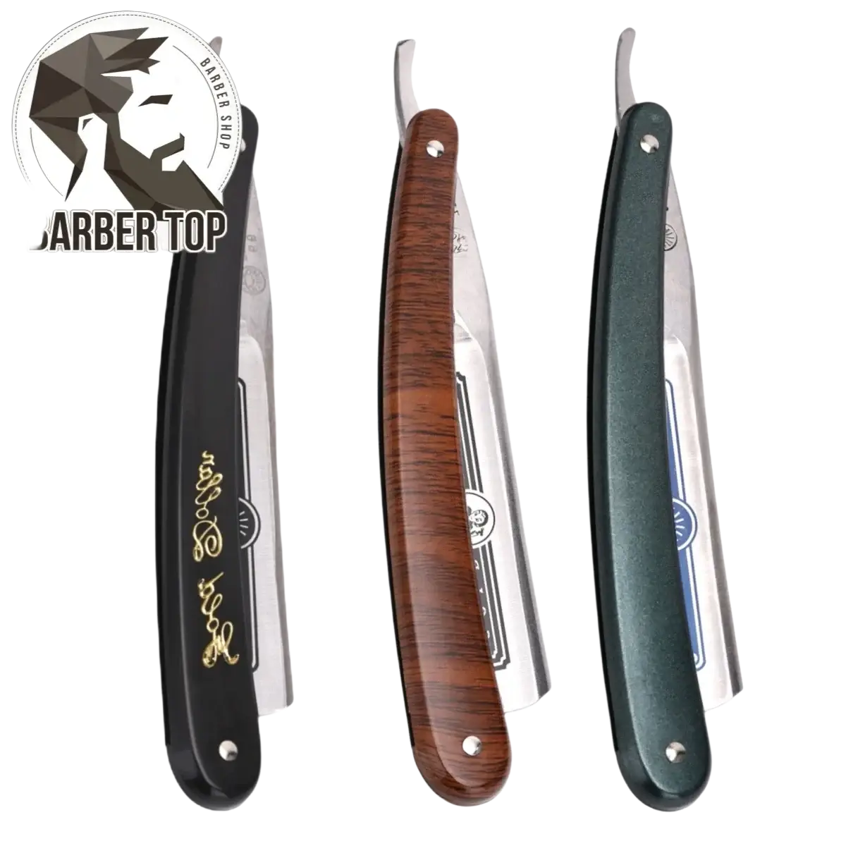 Three straight edge barber razors with black wood-grain and dark green handles metal shaving tools for precision shaving