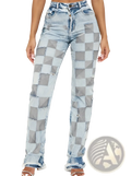 Straight leg medium wash high waisted denim jeans with bold checkered patchwork and frayed edges in light blue and gray