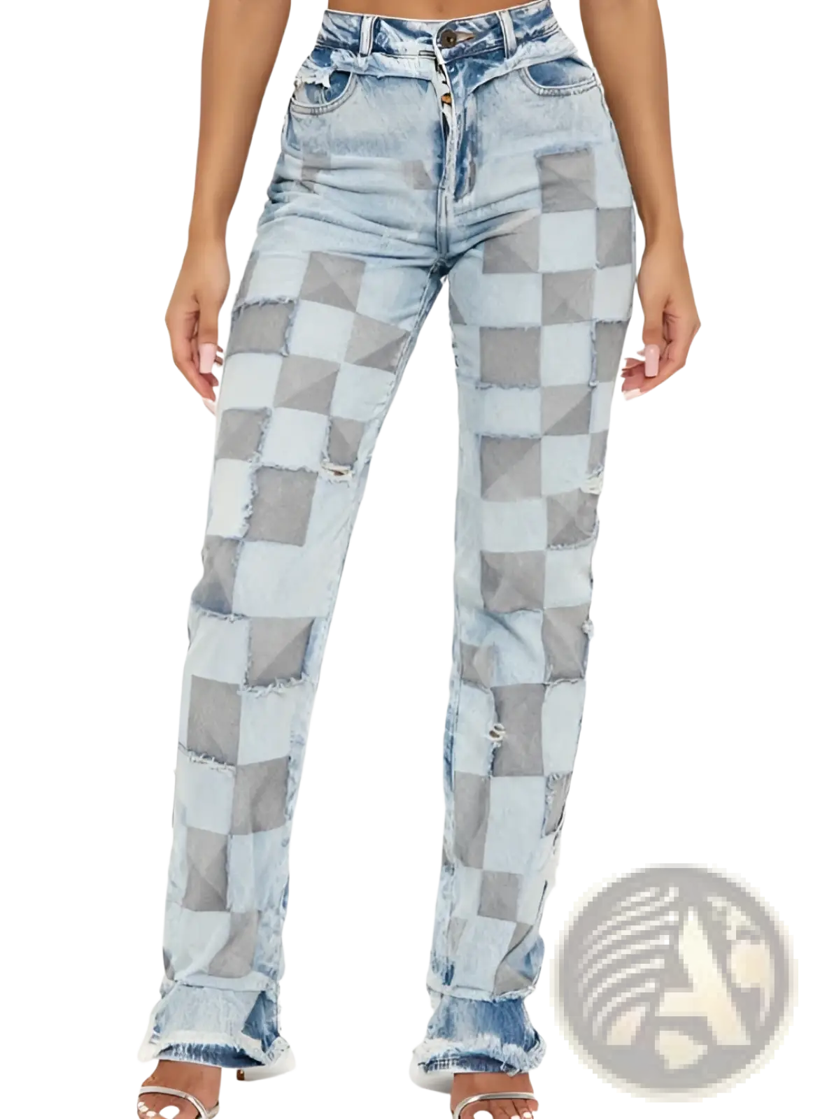 Straight leg medium wash high waisted denim jeans with bold checkered patchwork and frayed edges in light blue and gray