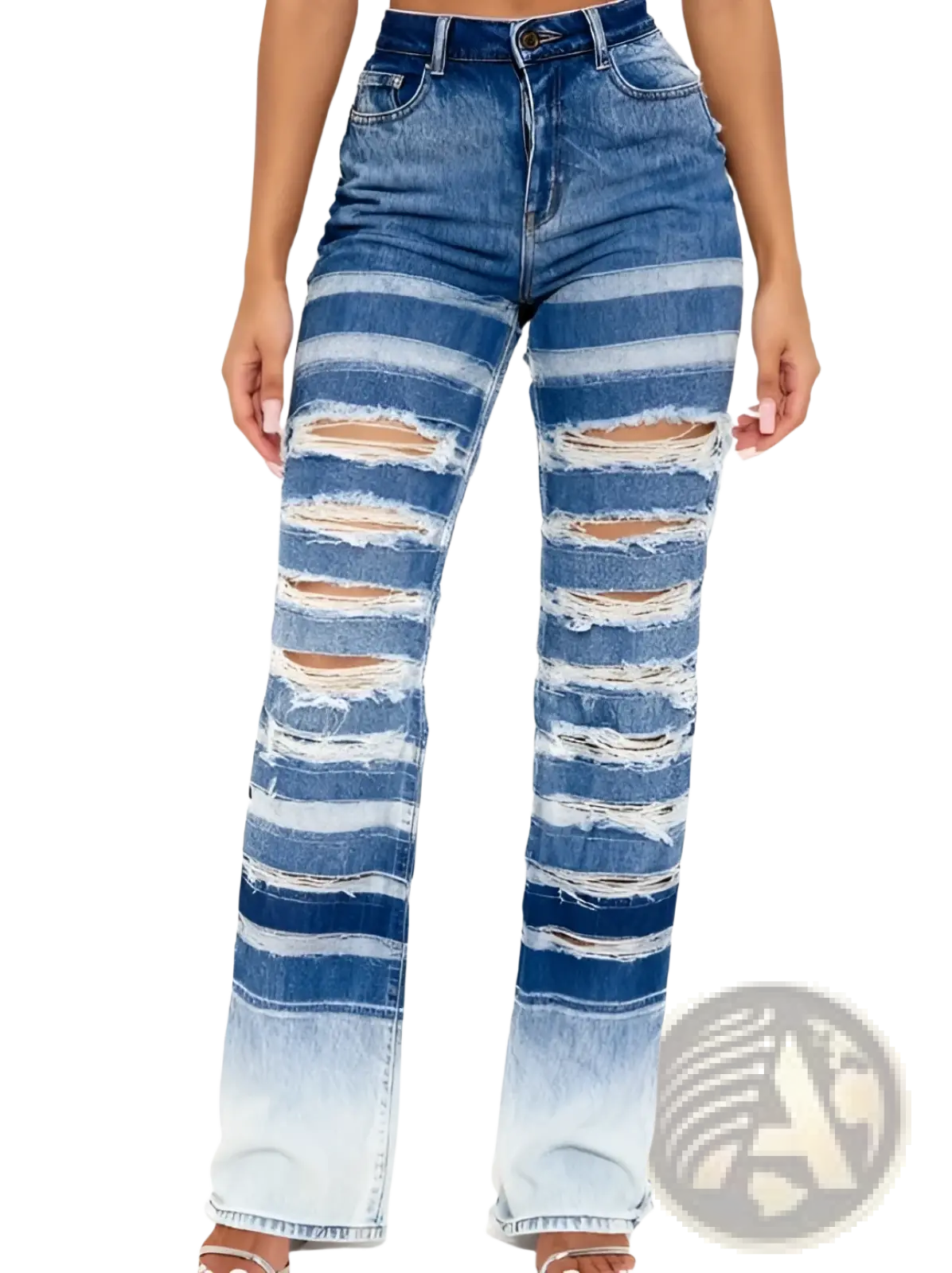 Straight leg high waisted denim jeans in medium wash with faded blue gradient and horizontal ripped stripes down legs