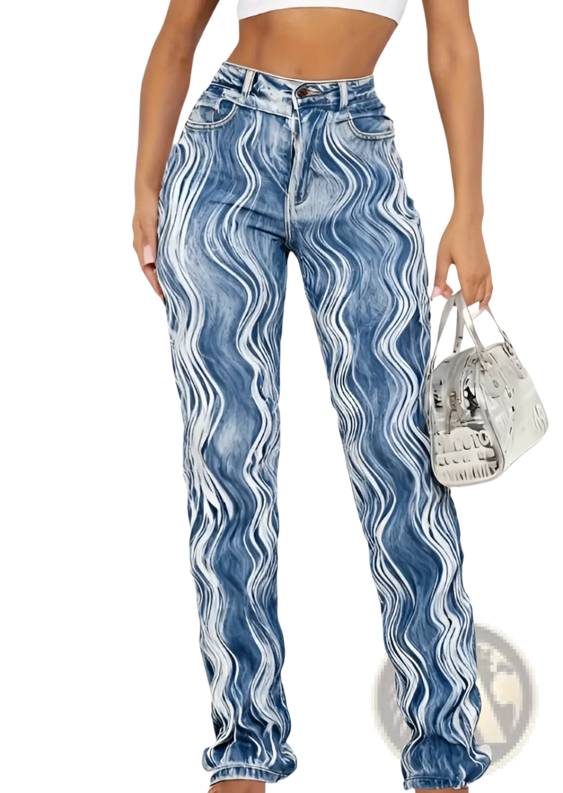 Blue and white wavy-patterned high-rise denim leggings from notjeans in straight leg medium wash geometric style