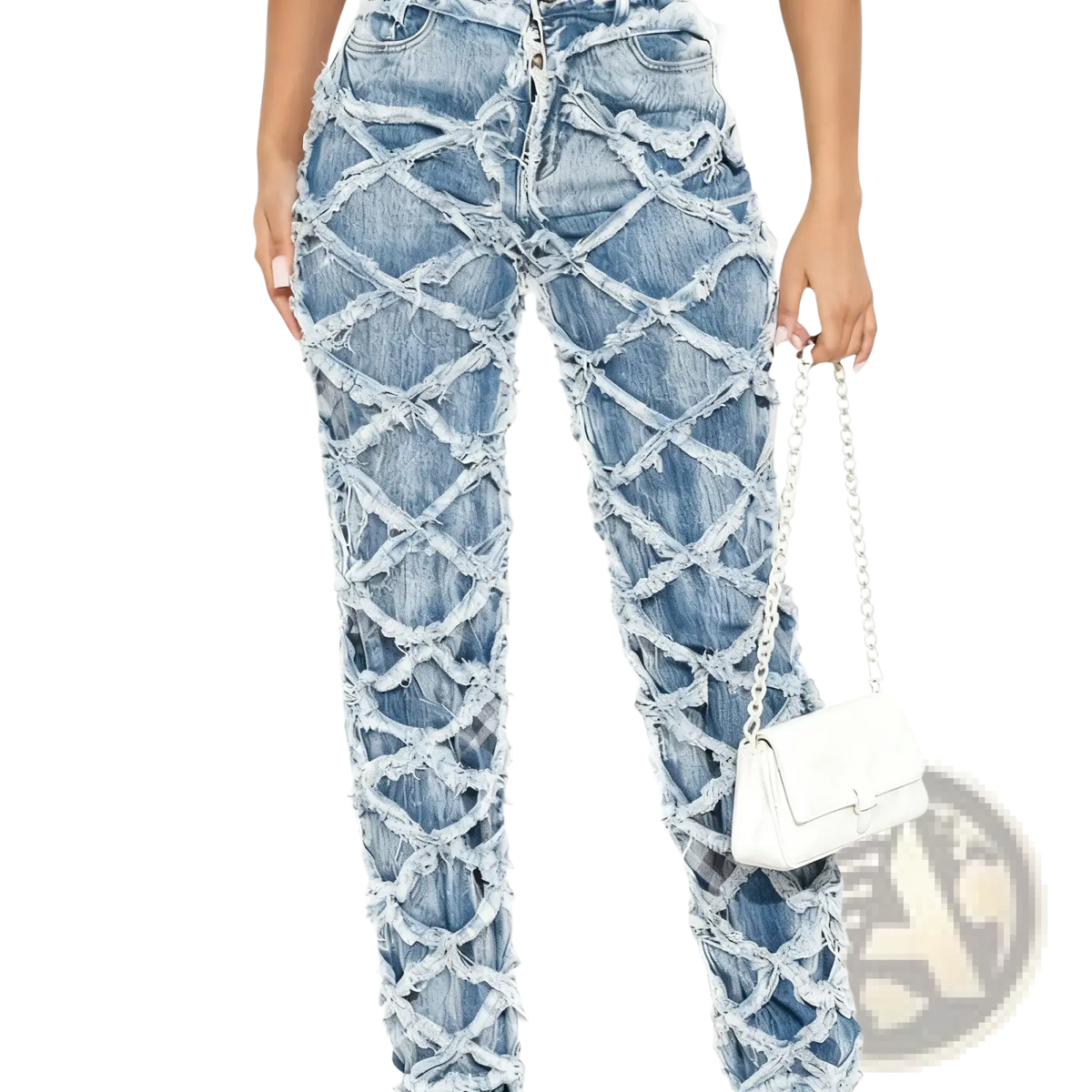 Straight leg medium wash denim jeans with a high waisted fit and distinctive crisscross lace up frayed edges detail