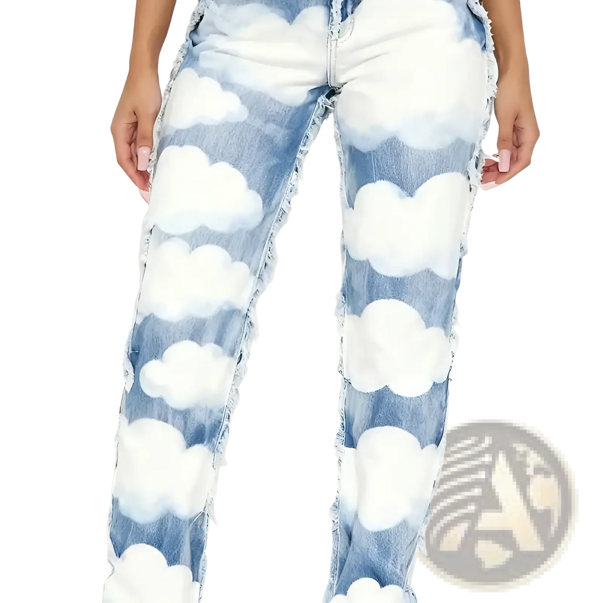 Straight leg medium wash blue denim jeans with whimsical white cloud pattern and distressed frayed edges