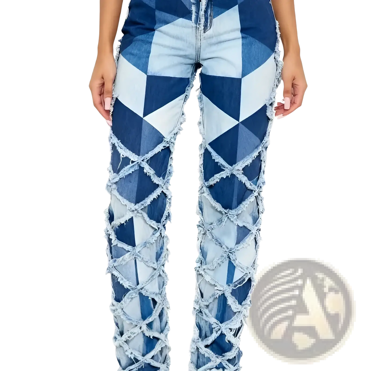 Straight leg medium wash denim jeans with blue geometric patterns and distressed lattice style high waisted design