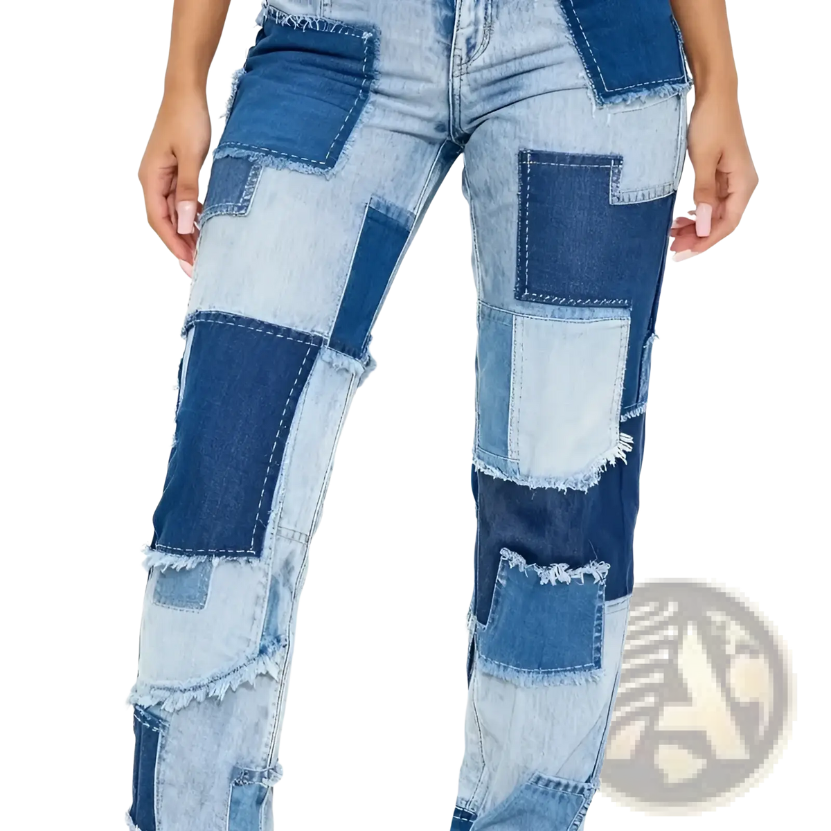 Straight leg jeans medium wash high waisted featuring patchwork denim with light and dark blue frayed fabric pieces