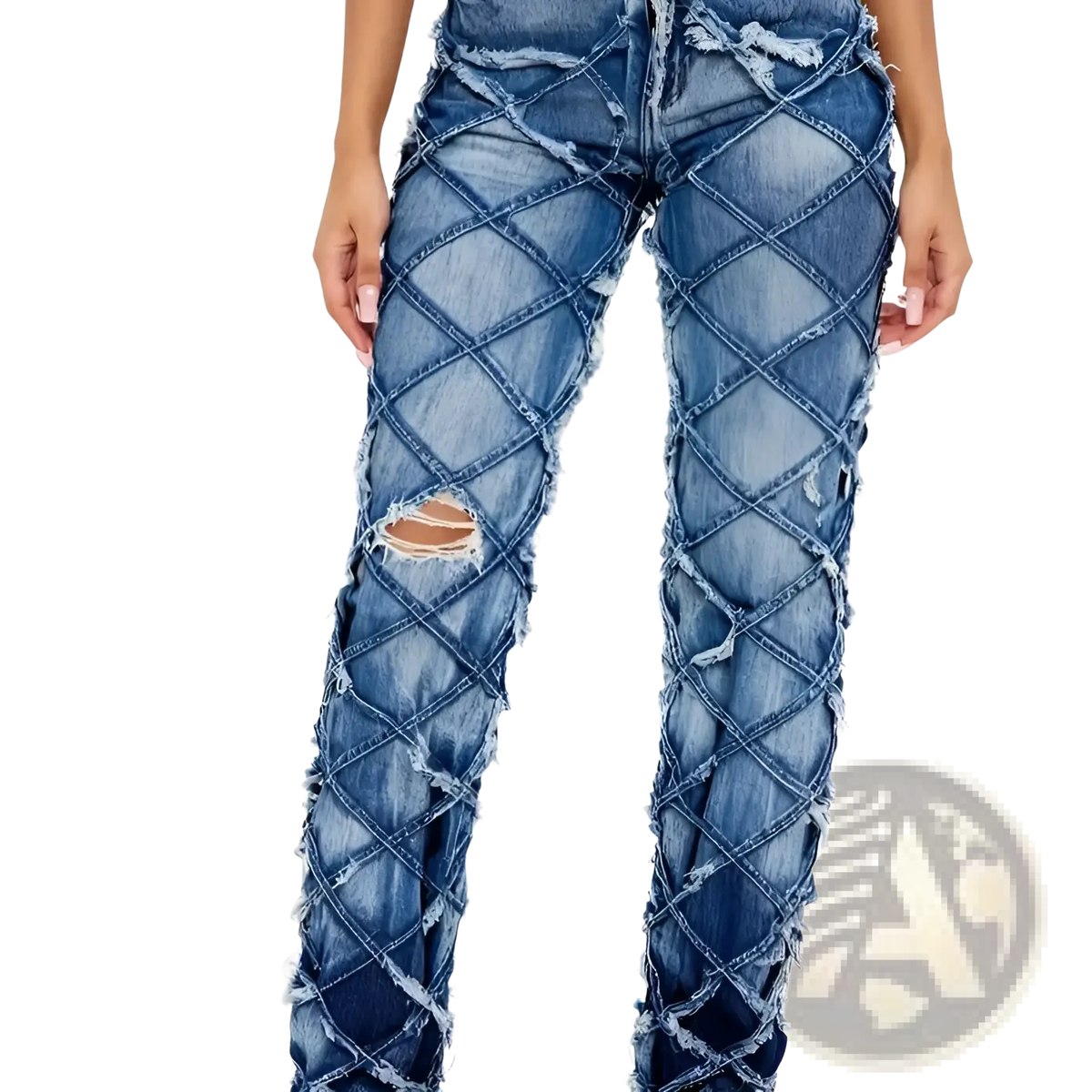 Straight leg medium wash blue denim jeans with geometric crisscross lattice design frayed edges and intentional rips