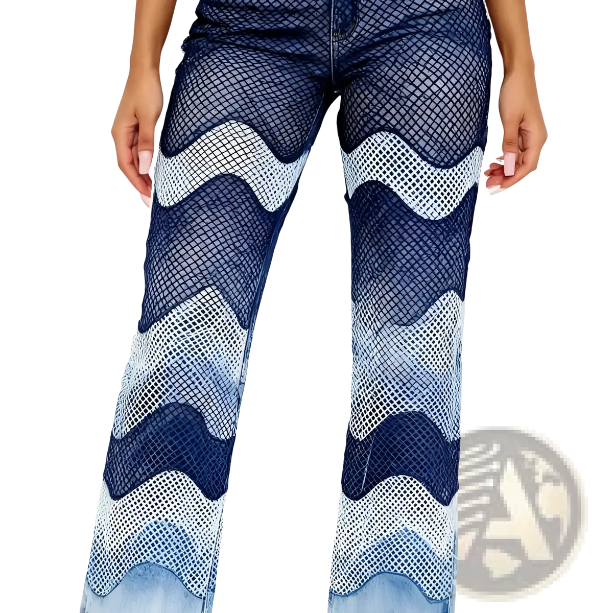 Straight leg medium wash high waisted denim jeans with a distinctive wavy blue and white mesh geometric pattern