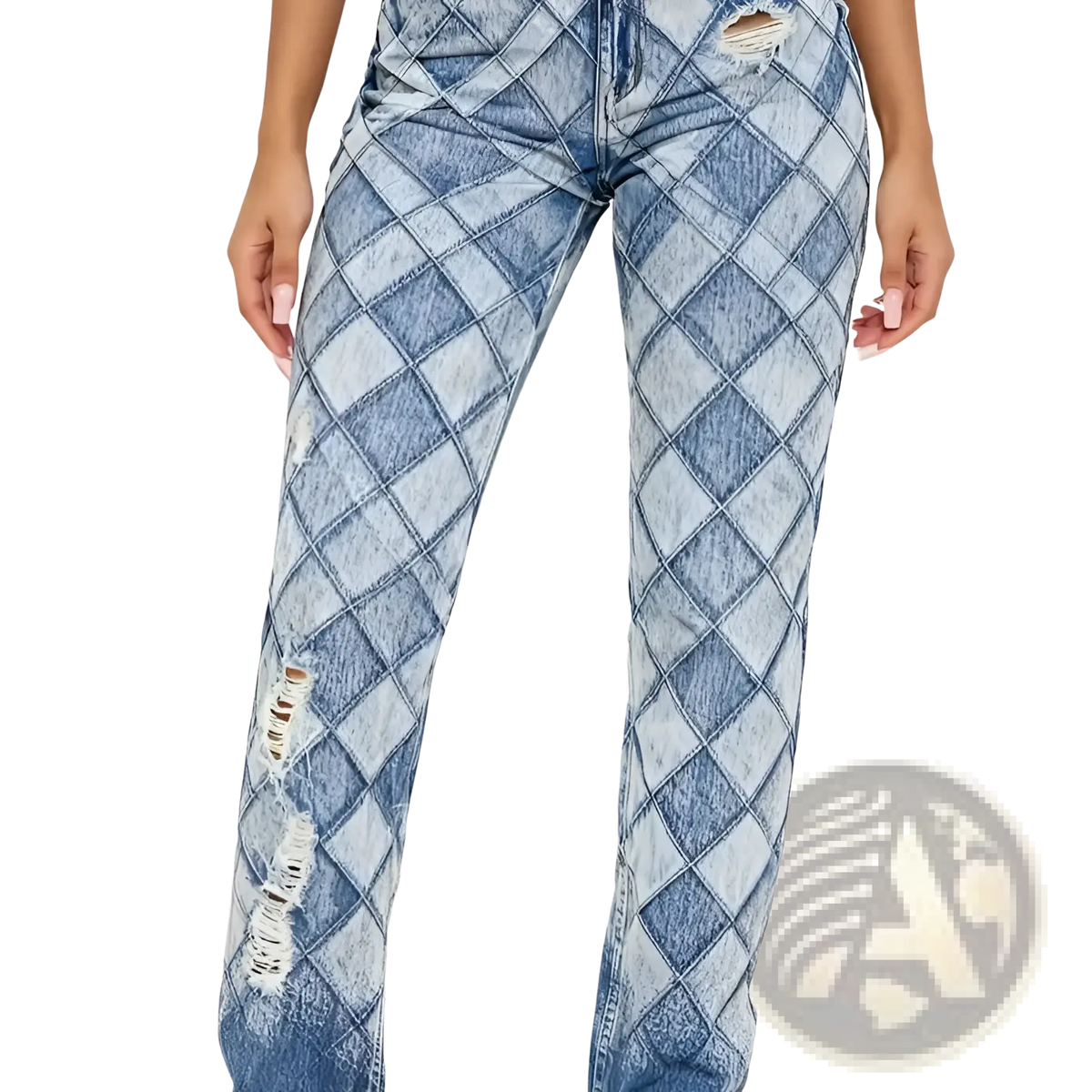 Straight leg medium wash blue denim jeans with diamond pattern and distressed ripped details on the legs
