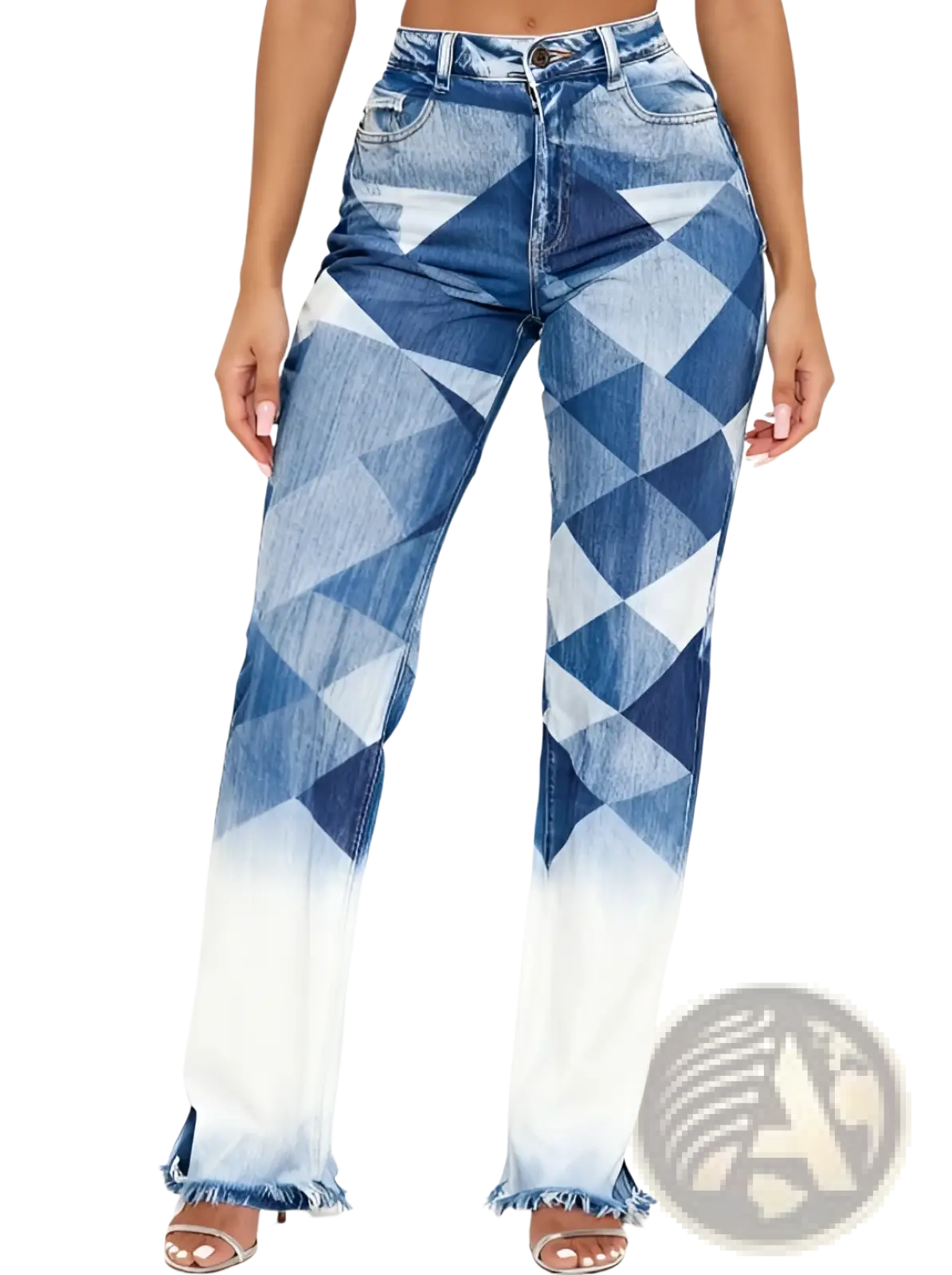 Straight leg high waisted denim jeans with blue and white geometric pattern and frayed hem in medium wash