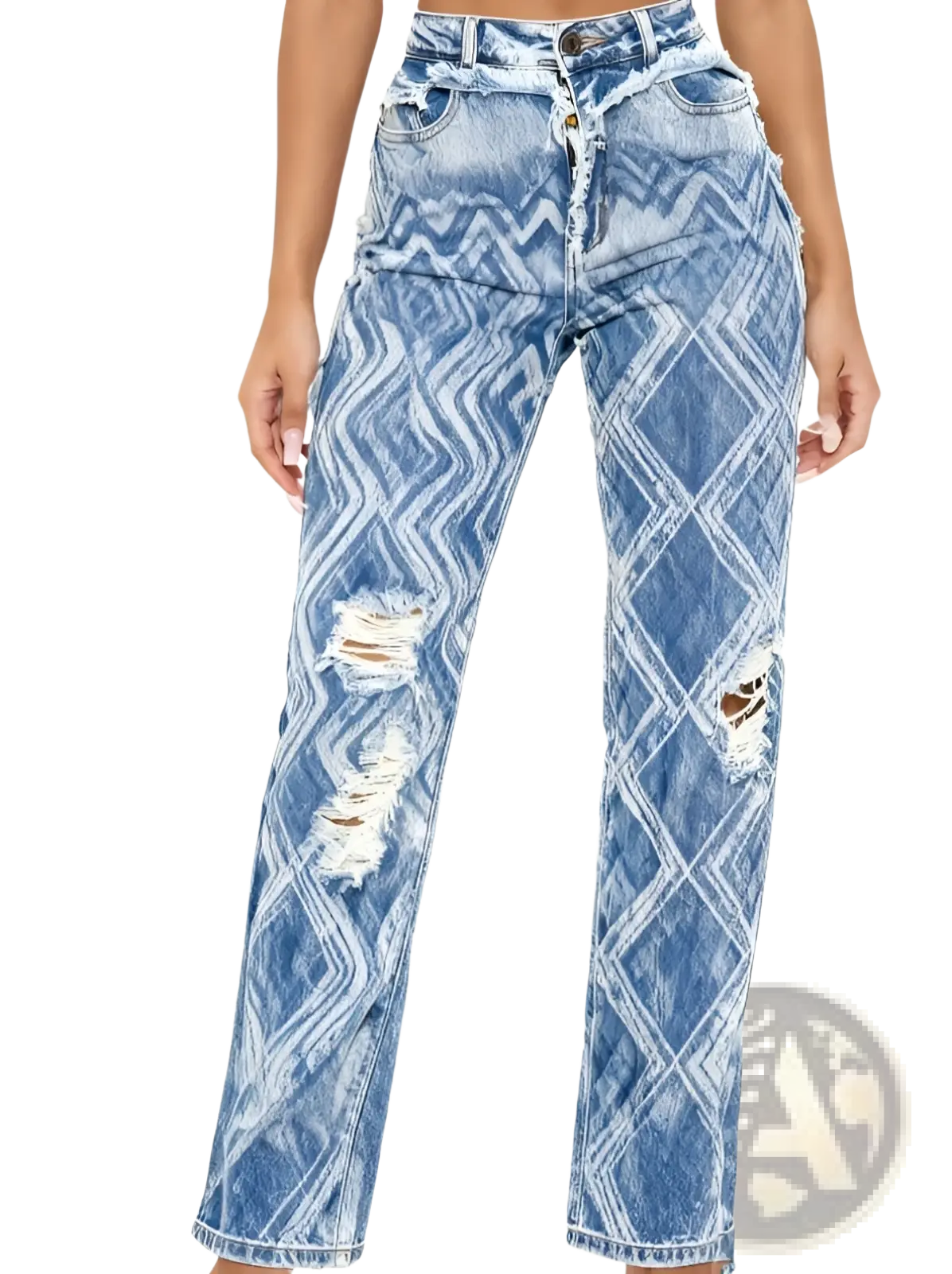 Straight leg medium wash blue denim jeans with bold white geometric zigzag pattern and distressed rips high waisted