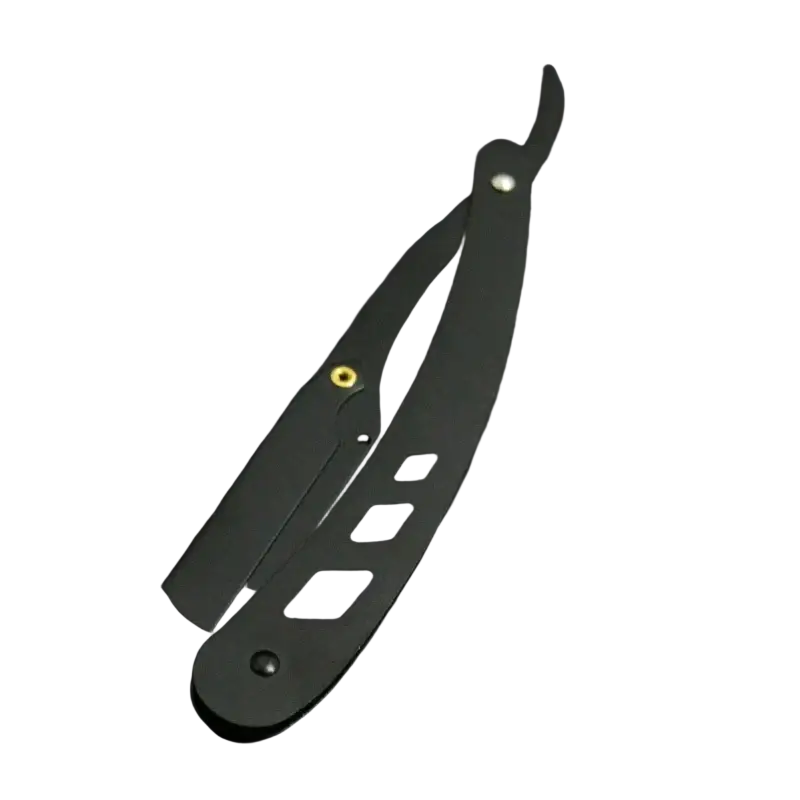 Black folding straight razor with gold pivot and handle cutouts designed for efficient hair removal