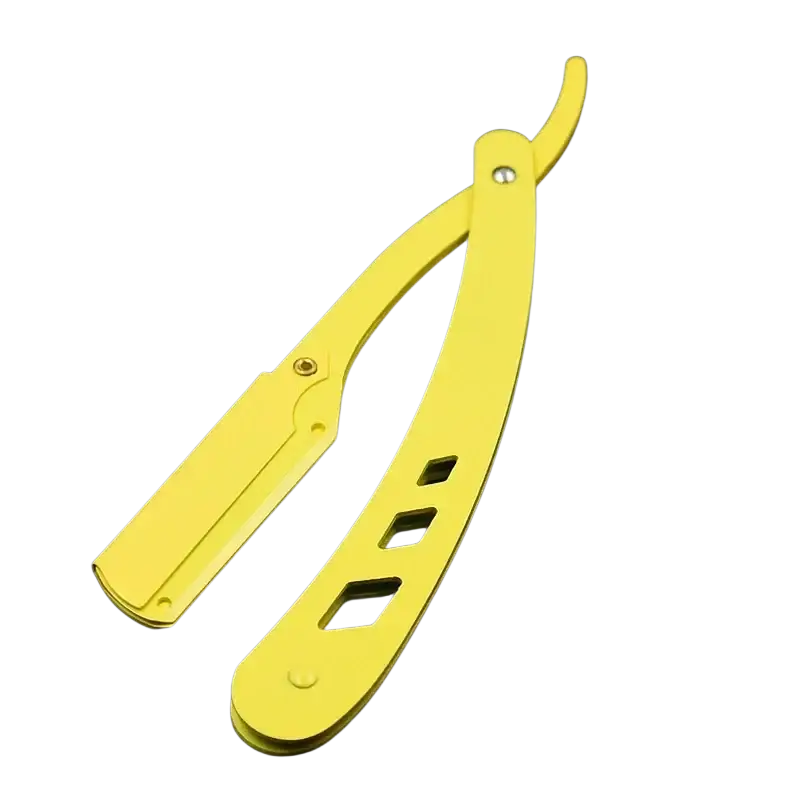 Bright yellow folding straight razor holder with sleek metallic finish and cut-out handle for hair removal tool