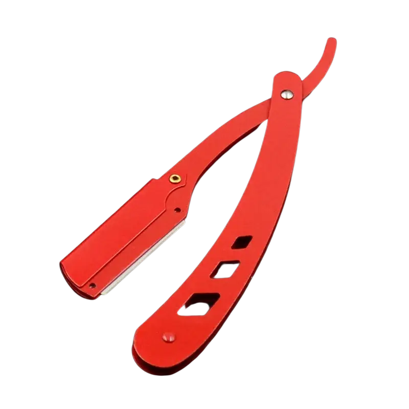 Red folding straight razor with metallic blade and decorative cutouts on handle for hair removal and storage