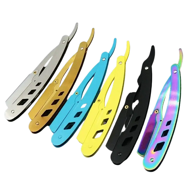 A set of six colorful metallic folding straight razors with sleek modern designs for hair removal