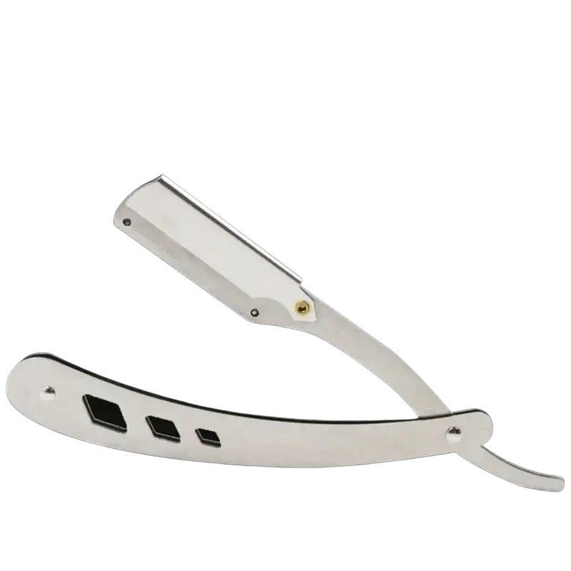 Shiny stainless steel straight razor with minimalist design and three rectangular handle cutouts for hair removal