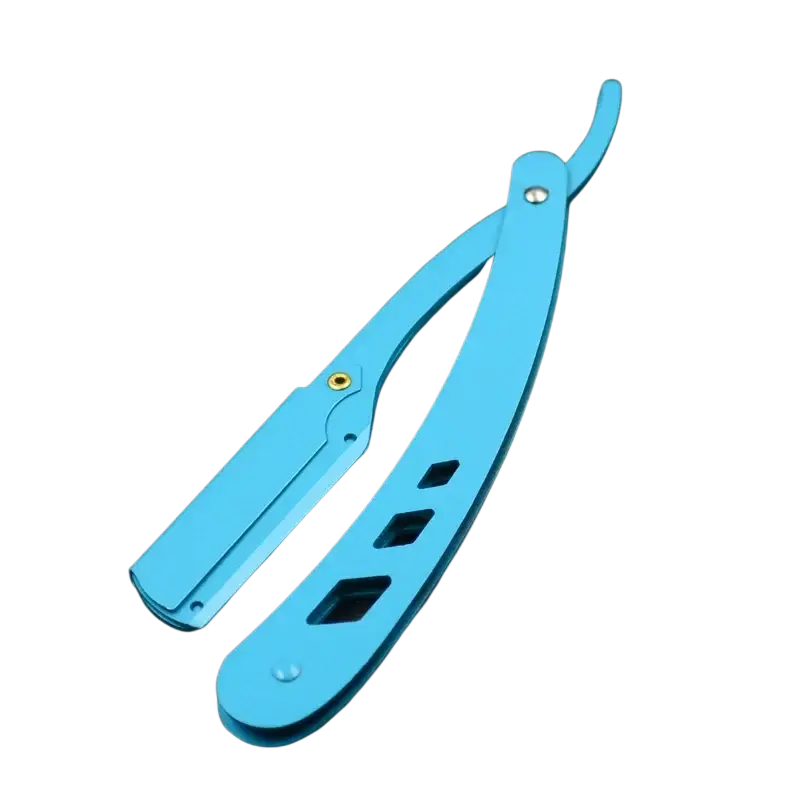 Straight razor holder folding hair removal tool in bright blue metallic finish with gold-toned pivot screws