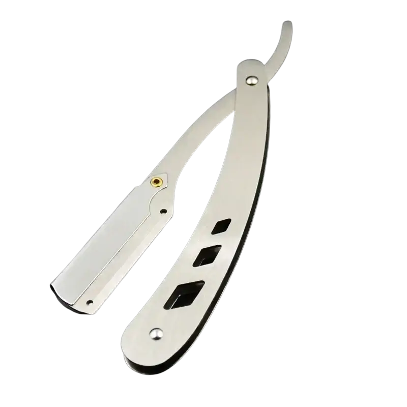 Stainless steel straight razor with polished finish and decorative cutouts on handle for folding hair removal tool