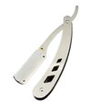 Stainless steel straight razor with polished finish and decorative cutouts on handle for folding hair removal tool