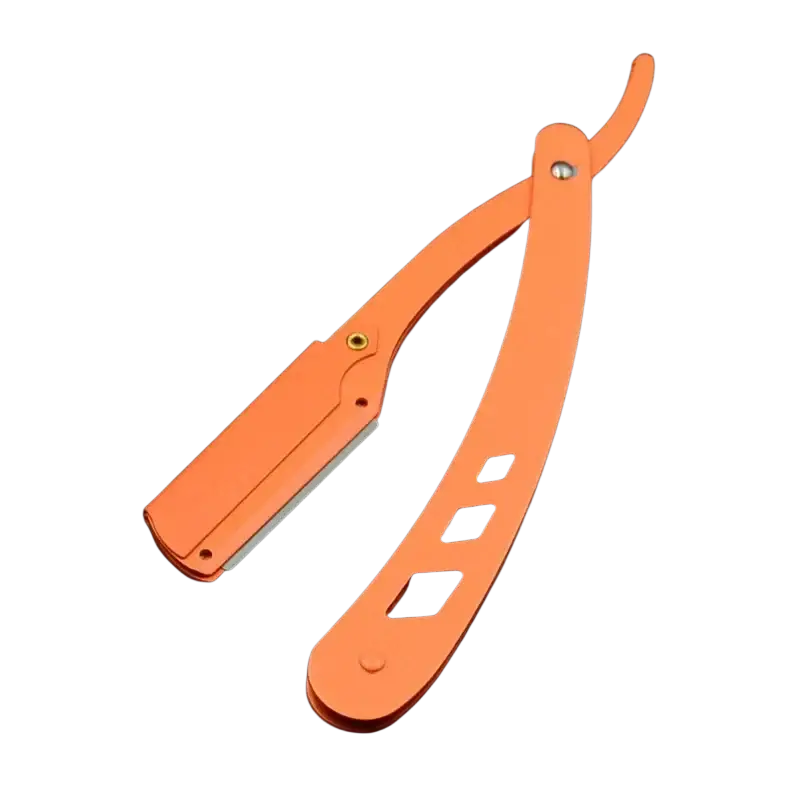 Vibrant orange folding straight razor with sleek metallic finish and precision blade for hair removal tool holder