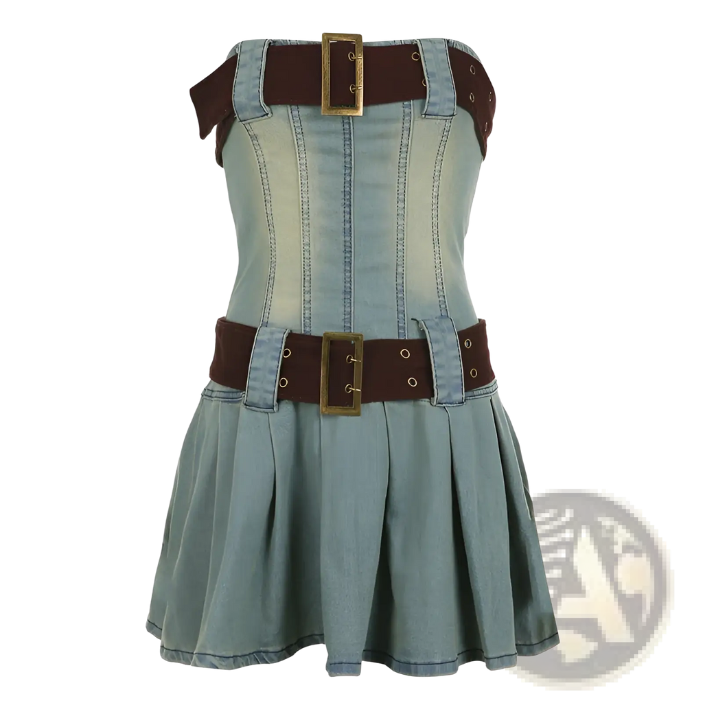 Light blue denim strapless corset mini dress with brown leather belts and gold-toned buckle accents