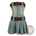 Light blue denim strapless corset mini dress with brown leather belts and gold-toned buckle accents