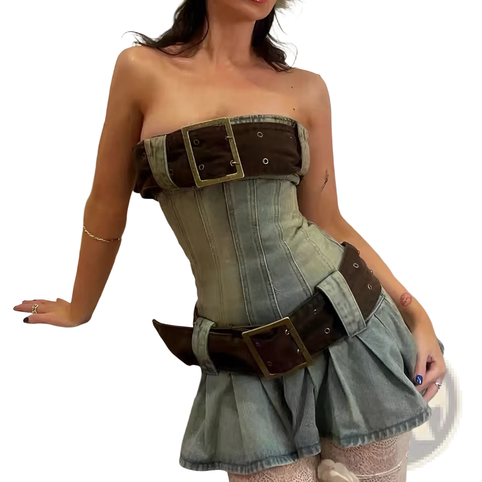 Strapless denim corset mini dress with brown leather belts and gold-toned buckles detailing the front side