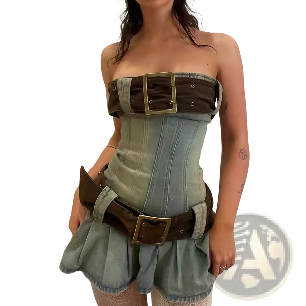 Strapless denim corset mini dress with brown leather belts and gold toned buckles for a stylish look