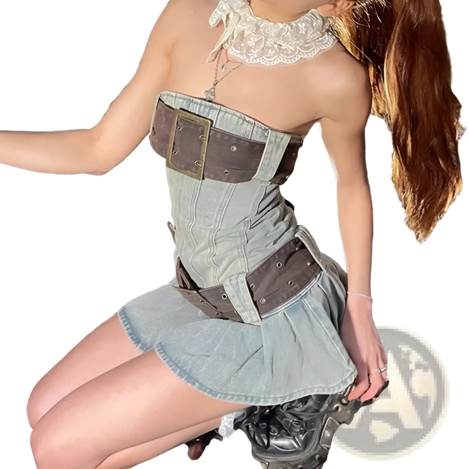 Strapless denim corset mini dress with brown leather belt accents and a lace collar in blue denim fabric