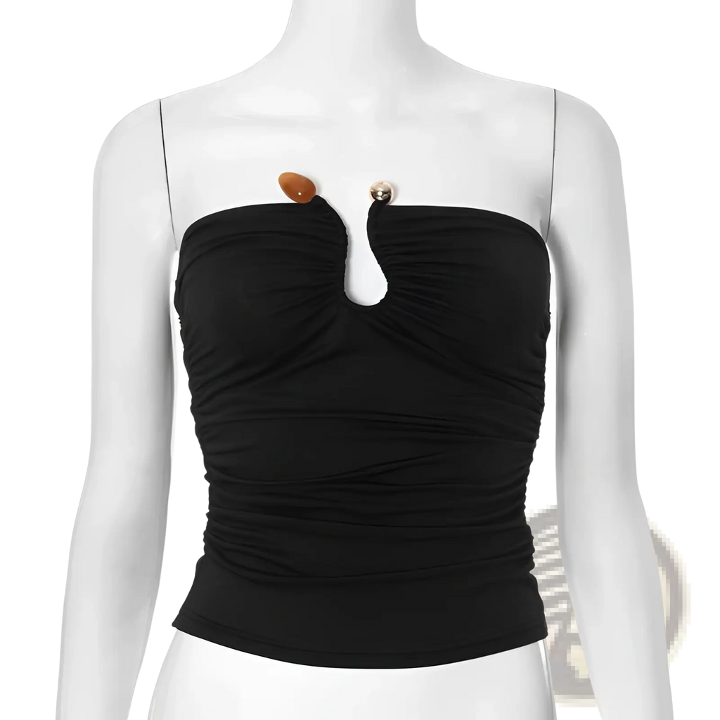 Black ruched strapless keyhole crop top with brown and gold-toned decorative buttons for stylish occasions